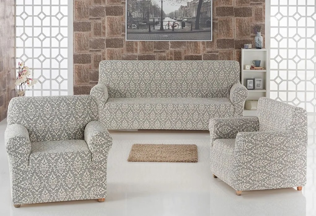 Set huse elastice pentru canapea 3 Locuri si 2 fotolii, fara volanas, model Jacquard Bej Deschis