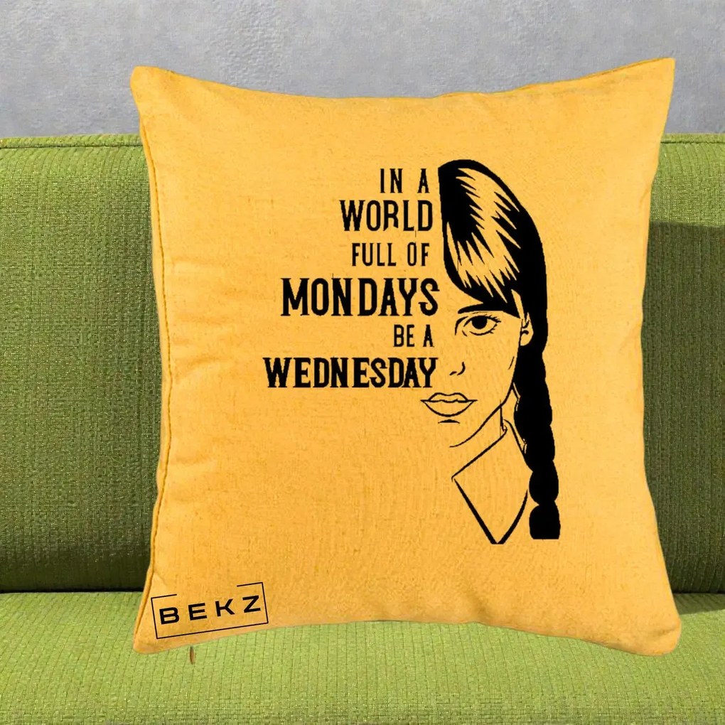 Perna Personalizata Wednesday Be a Wednesday, 40x40 cm, Galben, Husa Detasabila, Perna Inclusa, BEKZ®
