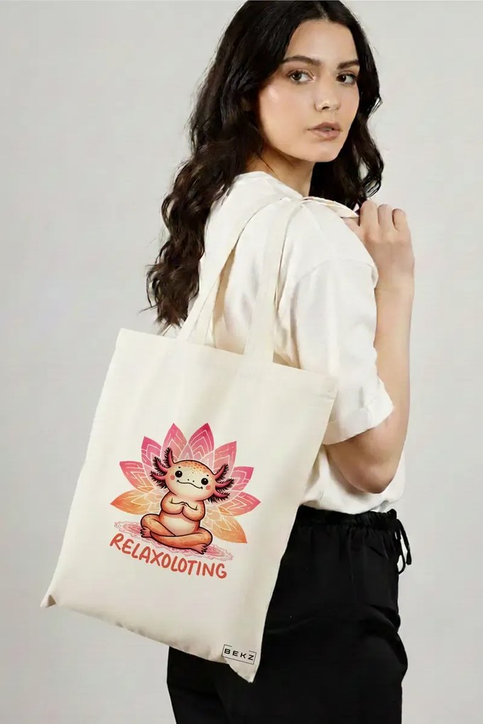 Sacosa de Panza pentru Cumparaturi, Geanta Tote Yoga Relaxoloting, 38x34.5 cm, Alba, BEKZ®