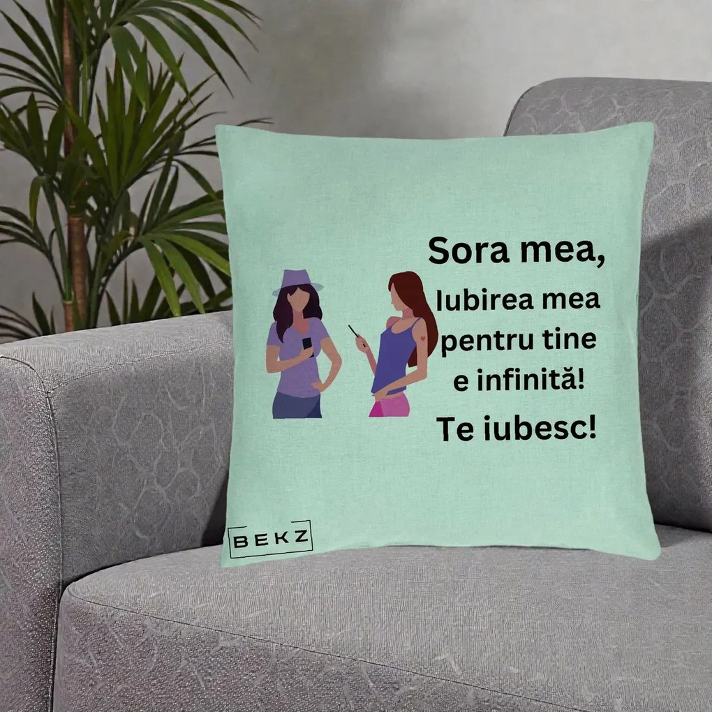 Cadou pentru Sora - Perna Personalizata Sora Mea Te Iubesc Doua Fete cu Telefoane, 40x40 cm, Verde Menta, Husa Detasabila, Perna Inclusa, BEKZ®