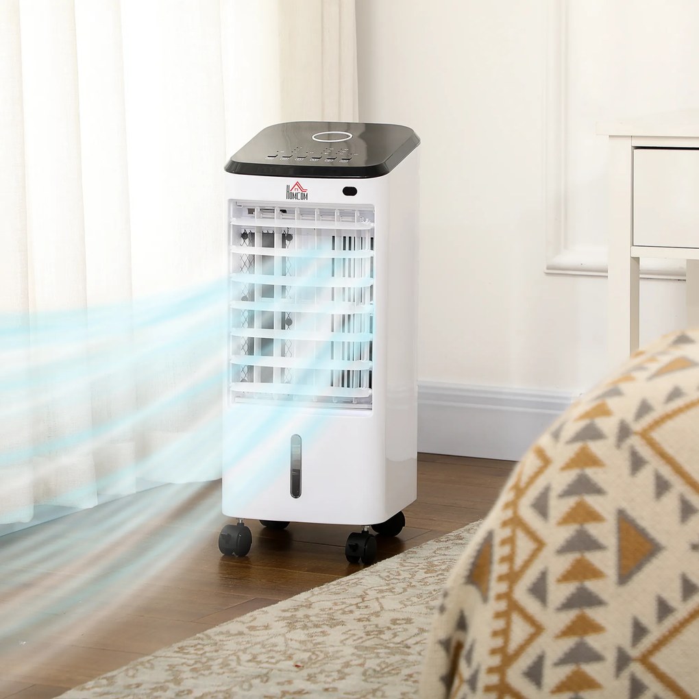 HOMCOM Răcitor Evaporativ 3-în-1, Ventilator, Umidificator cu Gheață și Dezumidificator, 3 Viteze, 3 Moduri și Telecomandă, Timer 12 Ore, 65W din ABS, 24.5x27x60 cm, Alb | Aosom Romania