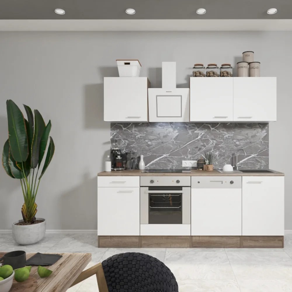 Mobilă de bucătărie Yorki 220, corp din stejar Yorki, față alb satinat cu element inferior al cuptorului