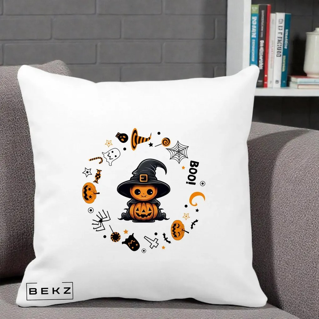Perna Decorativa Halloween Dovleac Vrajitor Boo cu Simboluri, 40x40 cm, Alba Mata, Husa Detasabila, Perna Inclusa, BEKZ®