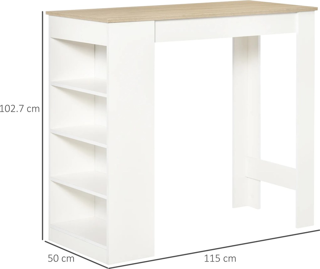 HOMCOM Masă de bar pentru 2 persoane, masă înaltă stand-up cu 4 rafturi deschise, 115x50x102,7cm, alb și lemn natural | Aosom Romania