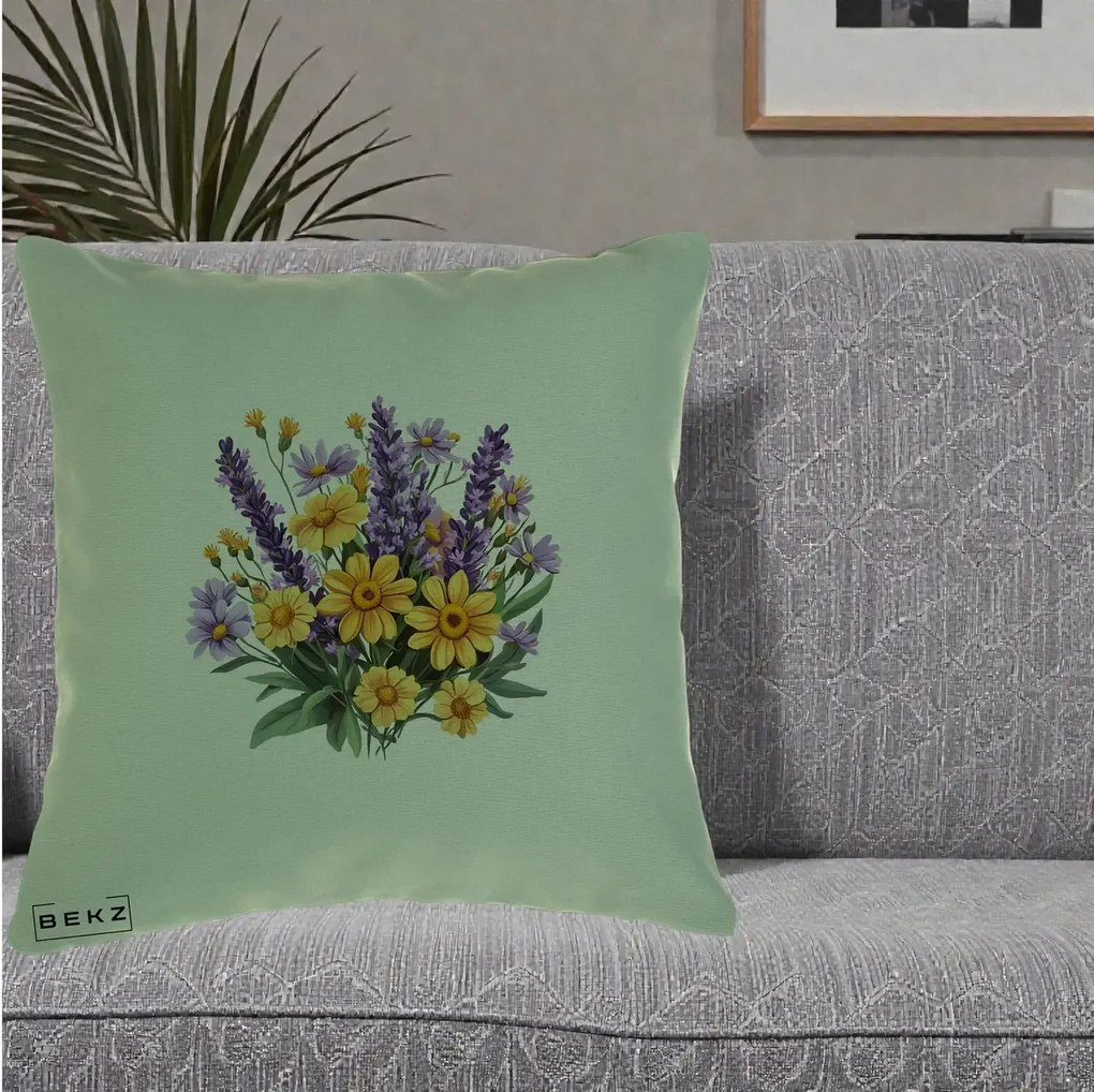 Perna Decorativa Lavanda cu Margarete Galbene si Lila, 40x40 cm, Verde, Husa Detasabila, Perna Inclusa, BEKZ®