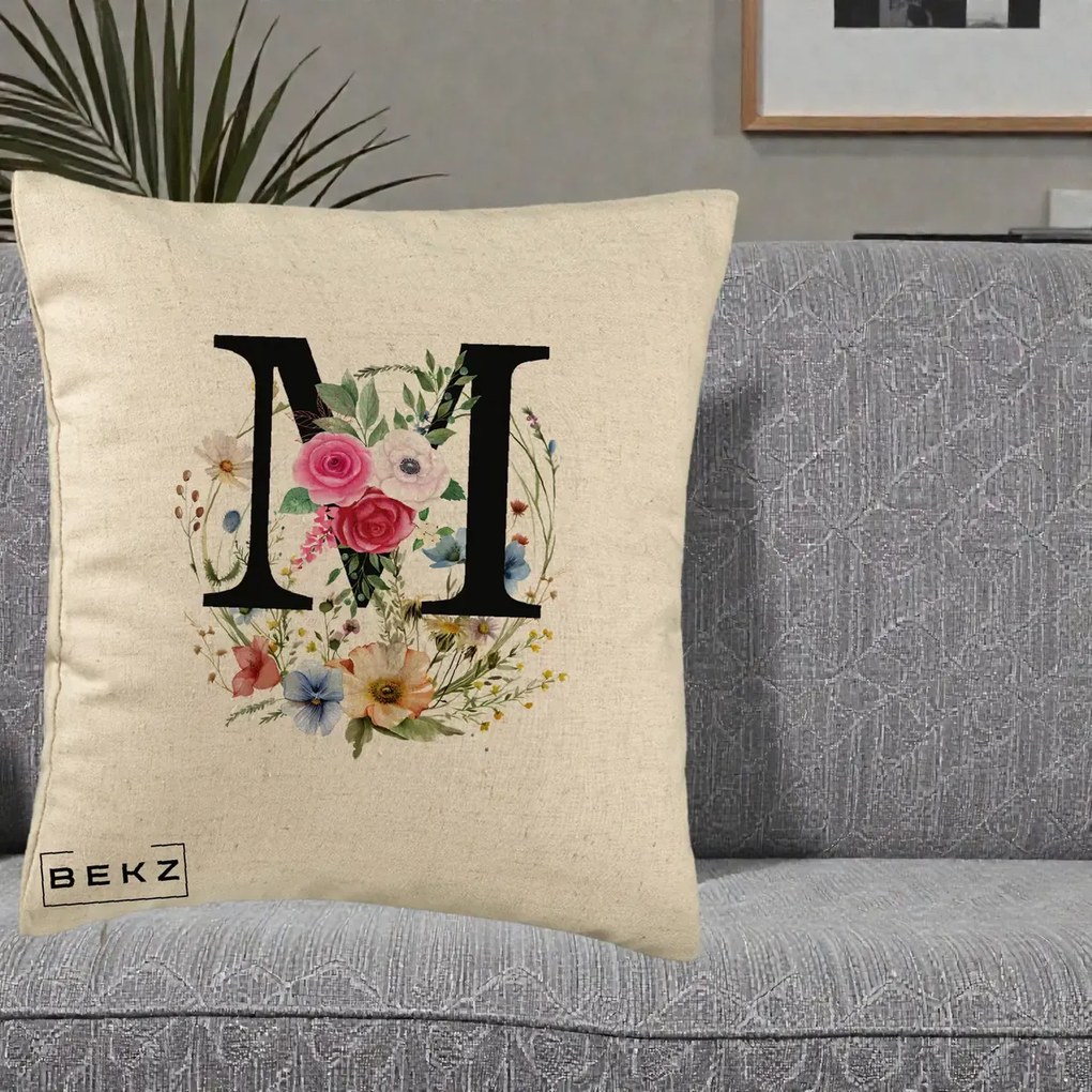 Cadou Personalizat - Perna Personalizata Monogram Litera M cu Flori Acuarela, 40x40 cm, Bej, Husa Detasabila, Perna Inclusa, BEKZ®