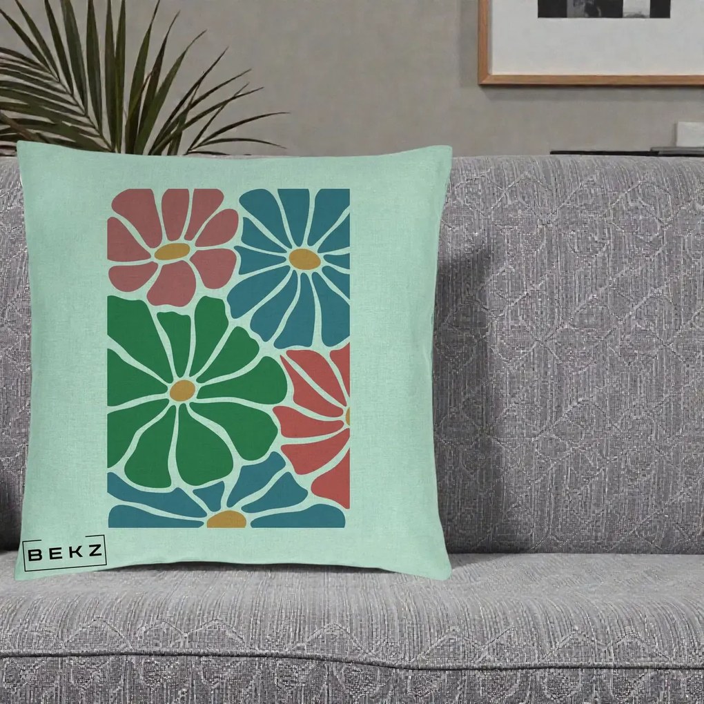 Perna Decorativa Flori Grafice Verde-Roz-Albastru, 40x40 cm, Verde Menta, Husa Detasabila, Perna Inclusa, BEKZ®