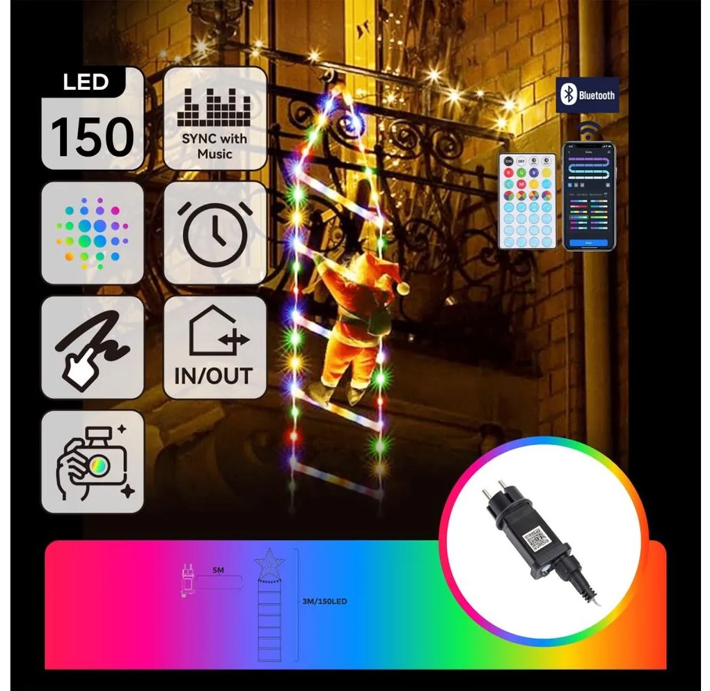 Aigostar - Decorațiune de Crăciun LED RGBICW pentru exterior, 150 LED, 230 V, 3 m, IP44, cu telecomandă