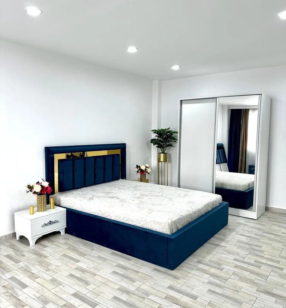 Dormitor Napoli, culoare albastru / alb, cu pat Napoli 160 x 200 cm, dressing Erika 150 cm, 2 noptiere Viena