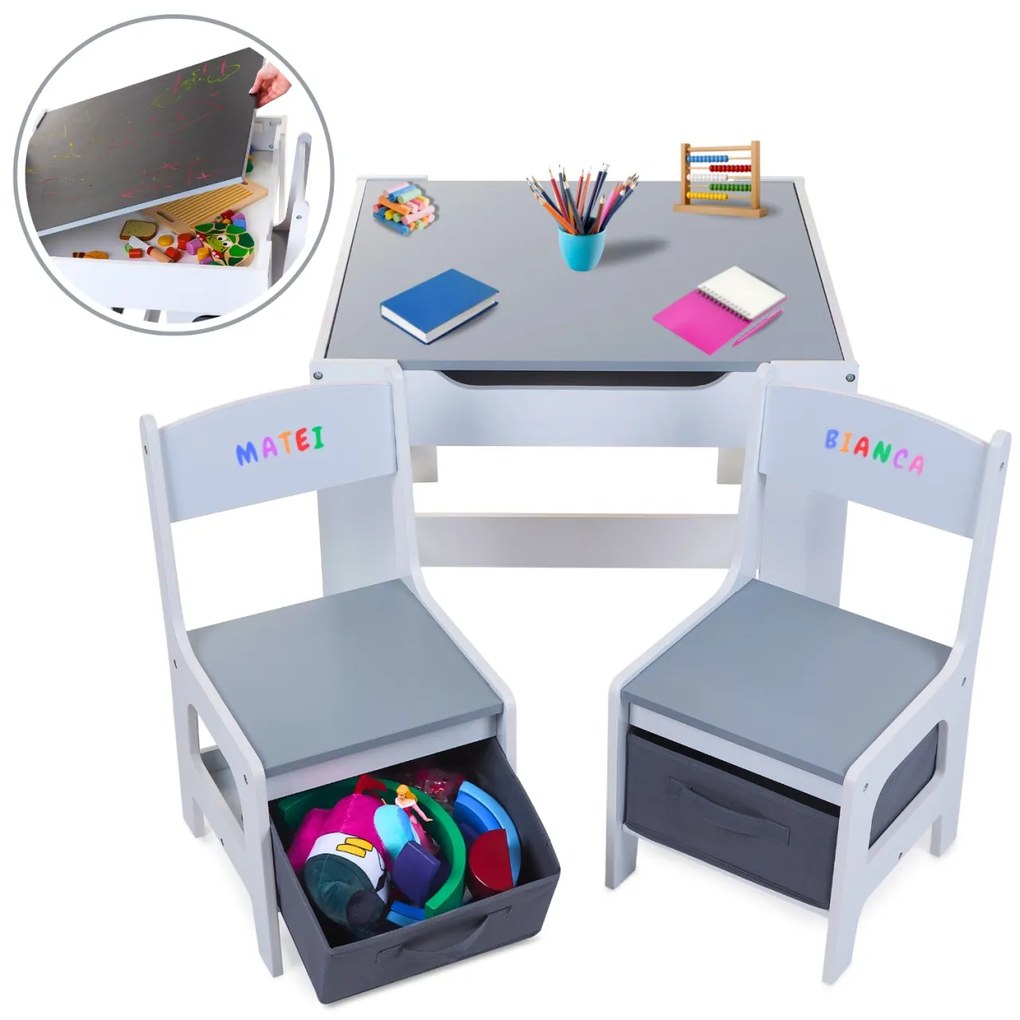 Set Masuta cu scaune pentru copii din Lemn Mdf 3 in 1, Tabla De Scris, Desenat, Colorat, Depozitare, Varsta 3-7 Ani, Alb cu Gri