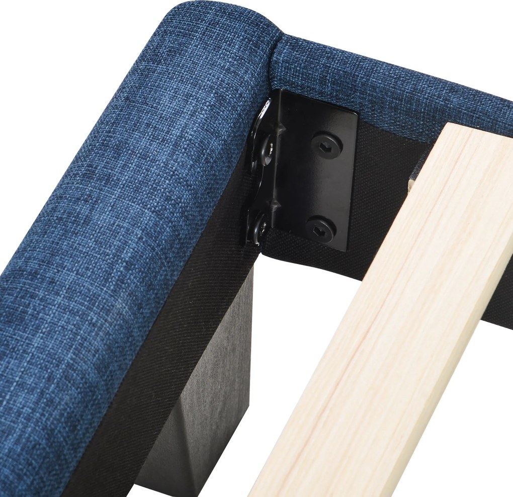 Pat dublu cu tăblie tapițată și somieră cu lamele, design elegant din in, fără saltea, 140x200 cm, Albastru