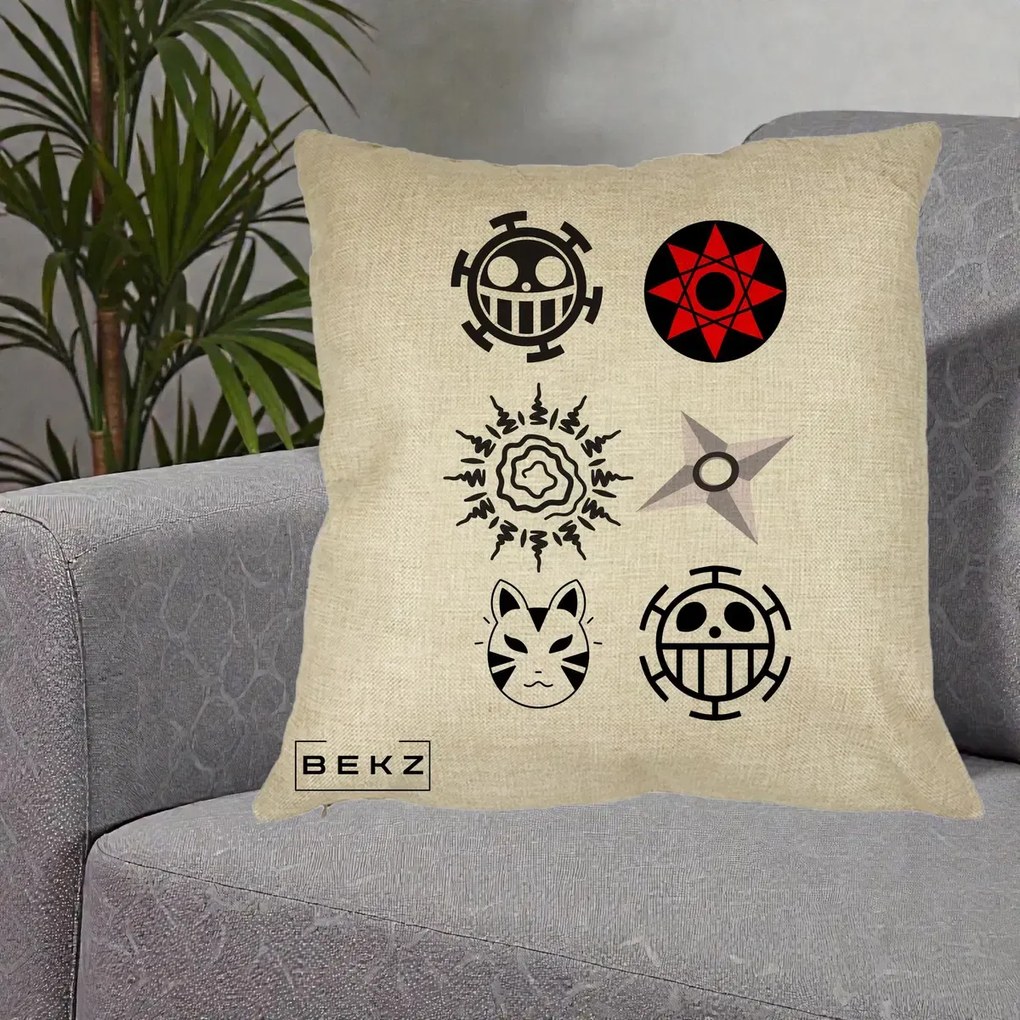Perna Personalizata Simboluri Anime Mix - Naruto One Piece, 40x40 cm, Crem, Husa Detasabila, Perna Inclusa, BEKZ®