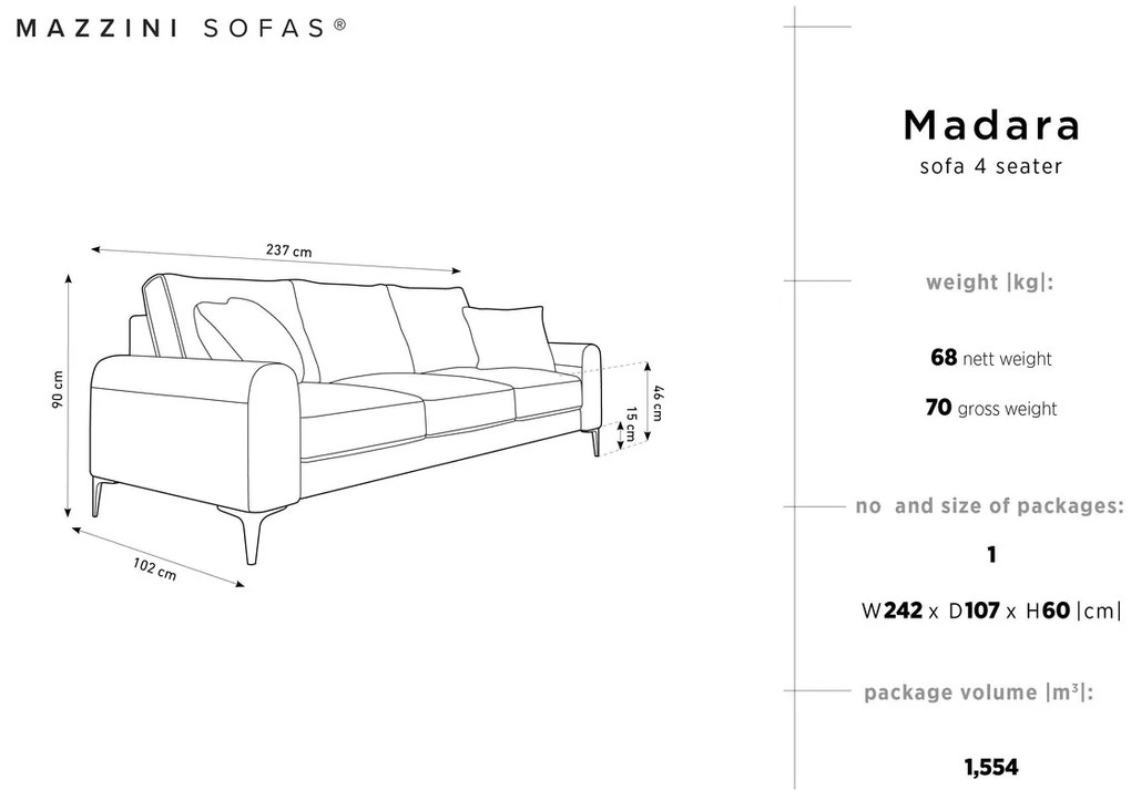 Canapea, Madara, Mazzini Sofas, 4 locuri, gold legs, 237x102x90 cm, catifea, bej