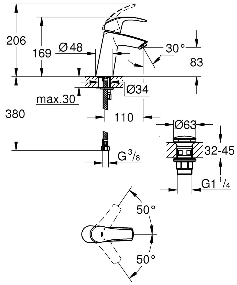 Baterie lavoar Grohe Eurosmart, 3/8'', marimea M, monocomanda, crom - 23923002