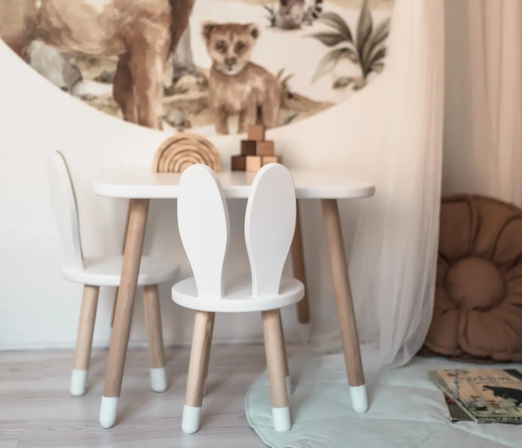 Set masuta patrata alba si 2 scaunele iepuras albe