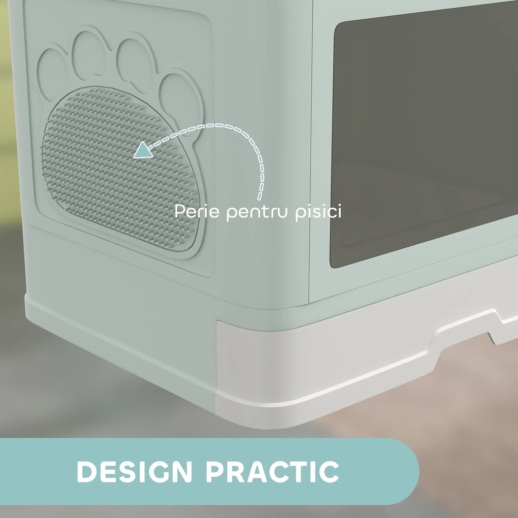 PawHut Litieră de nisip pentru pisici cu Capac, Intrare Dublă, Sertar, Lopățică, Verde | Aosom Romania