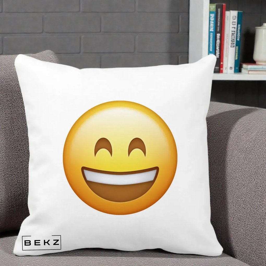 Perna Decorativa Emoji Zambet Mare, 40x40 cm, Alba Mata, Husa Detasabila, Perna Inclusa, BEKZ®