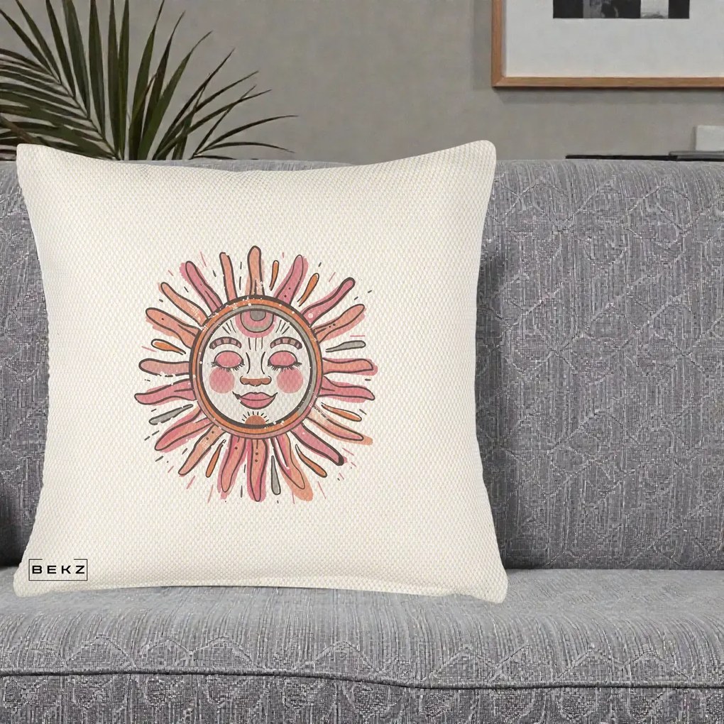 Perna Decorativa Soare Roz Tribal, 40x40 cm, Crem Reliefat, Husa Detasabila, Perna Inclusa, BEKZ®