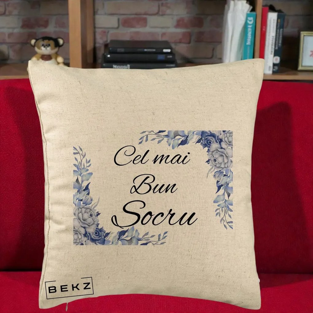 Cadou pentru Socru - Perna Personalizata Cel mai Bun Socru cu Flori Albastre Acuarela, 40x40 cm, Bej, Husa Detasabila, Perna Inclusa, BEKZ®