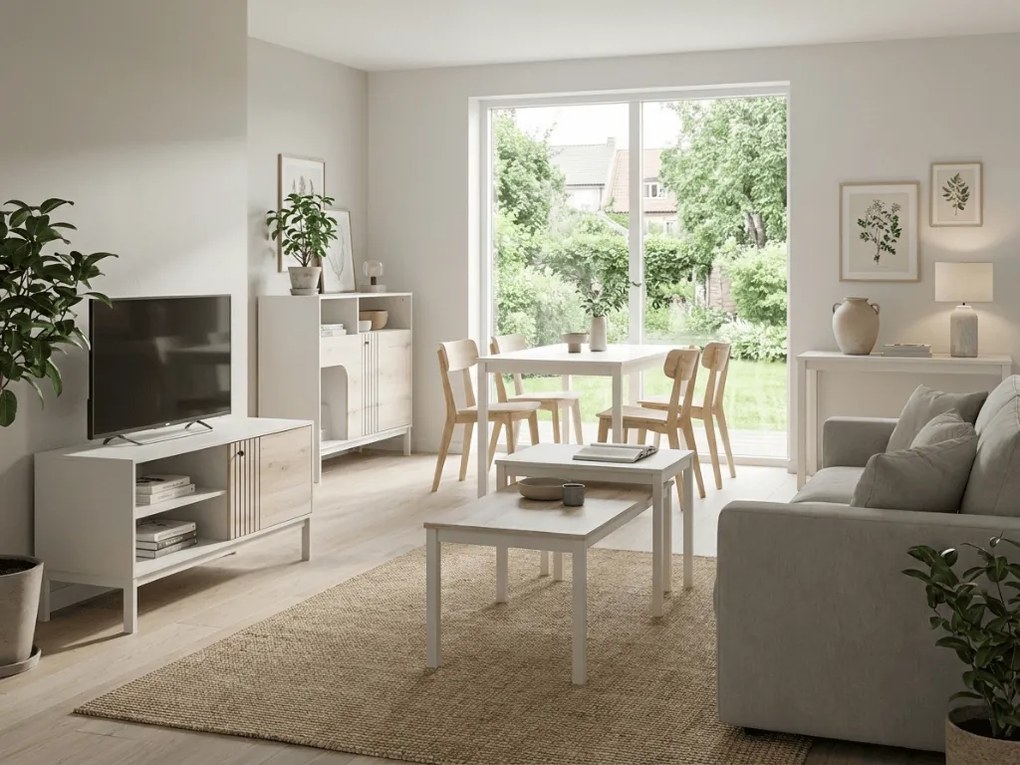 OFERTA Dulap TV FROST 120x40 cm alb, decor stejar alpin clasa II.