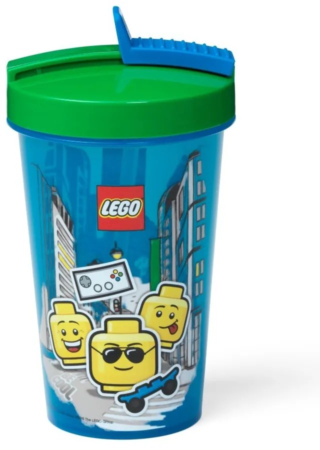 Pahar cu capac verde și pai LEGO® Iconic, 500 ml, albastru