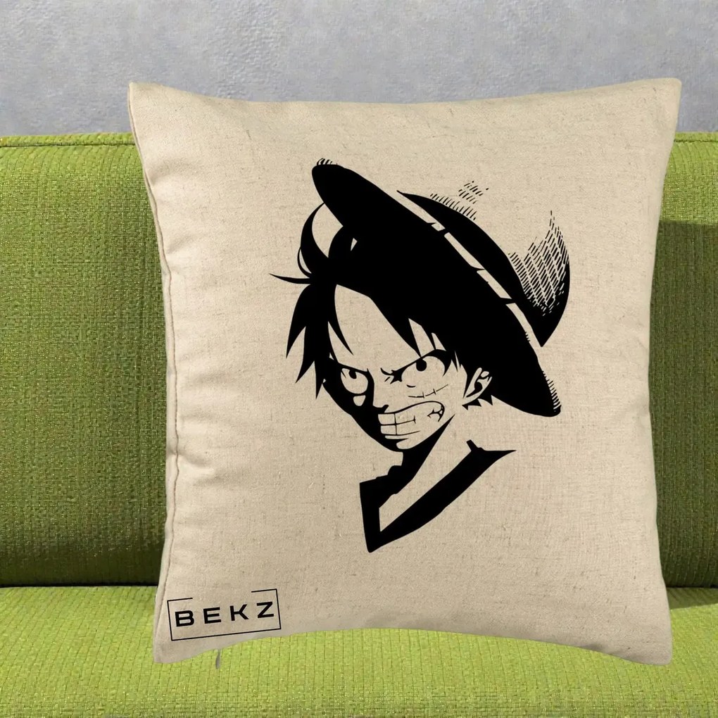 Perna Personalizata One Piece Luffy Silueta Alb-Negru, 40x40 cm, Bej, Husa Detasabila, Perna Inclusa, BEKZ®