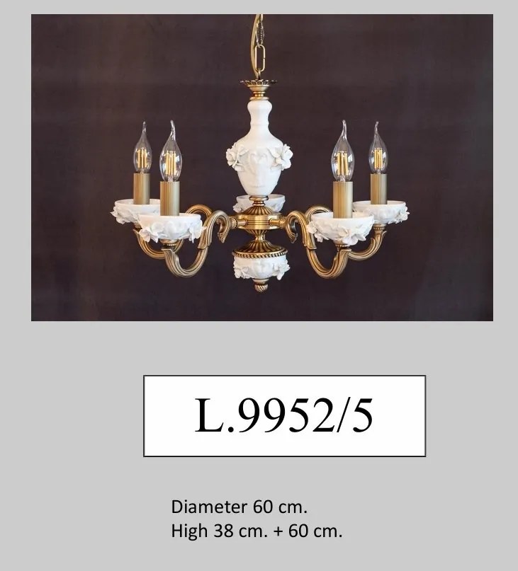 Lustra design italian cu 5 brate din alama si portelan alb 9952