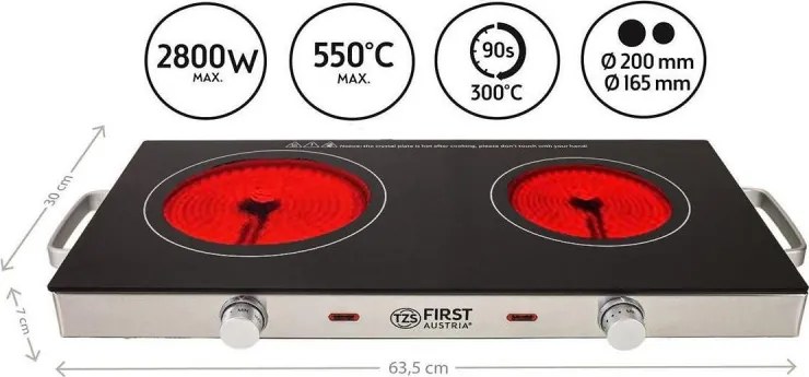 Resigilat: Plită dubla cu infrarosu FIRST FA-5096-7, 2800W, Pana la 300°C, Termostat, Sticla ceramica, Negru/Inox