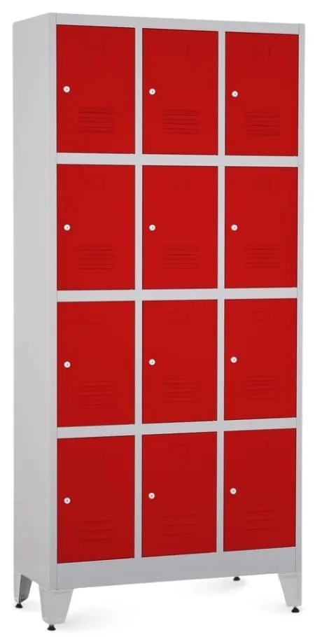 Dulap metalic - 12 cutii, 90 x 40 x 196,5 cm, picioare reglabile, încuietoare cilindrică, roșu - ral 3000