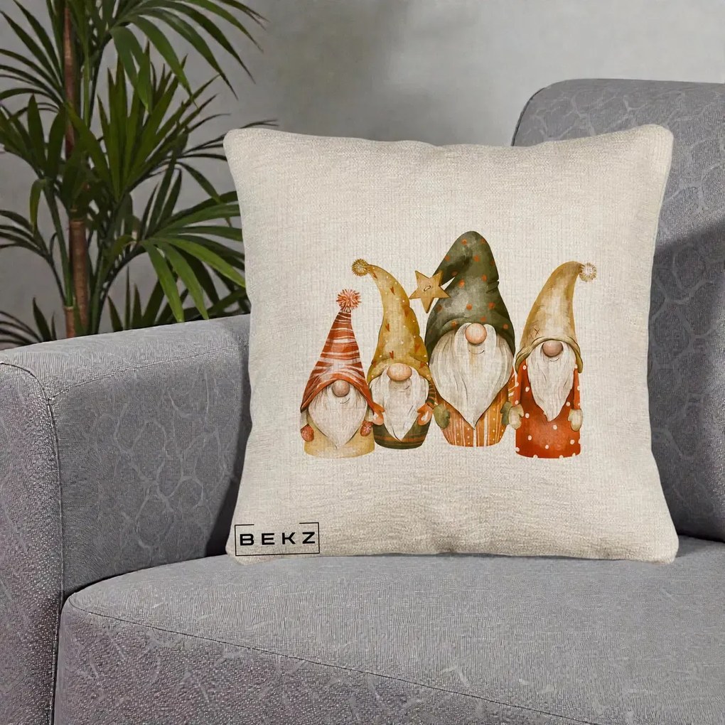 Perna Decorativa Gnomi de Craciun Patru, 40x40 cm, Bej Canapea, Husa Detasabila, Perna Inclusa, BEKZ®
