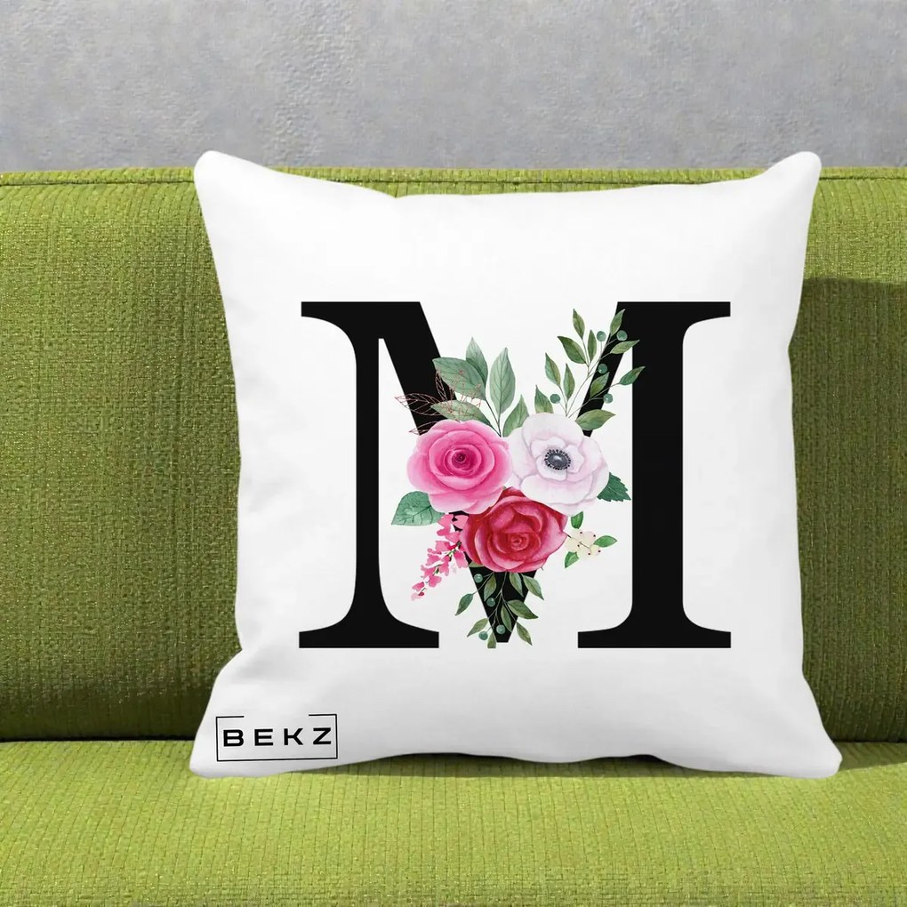 Cadou Personalizat - Perna Personalizata Monograma Florala Litera M cu Trandafiri si Anemona, 40x40 cm, Alba Mata, Husa Detasabila, Perna Inclusa, BEKZ®