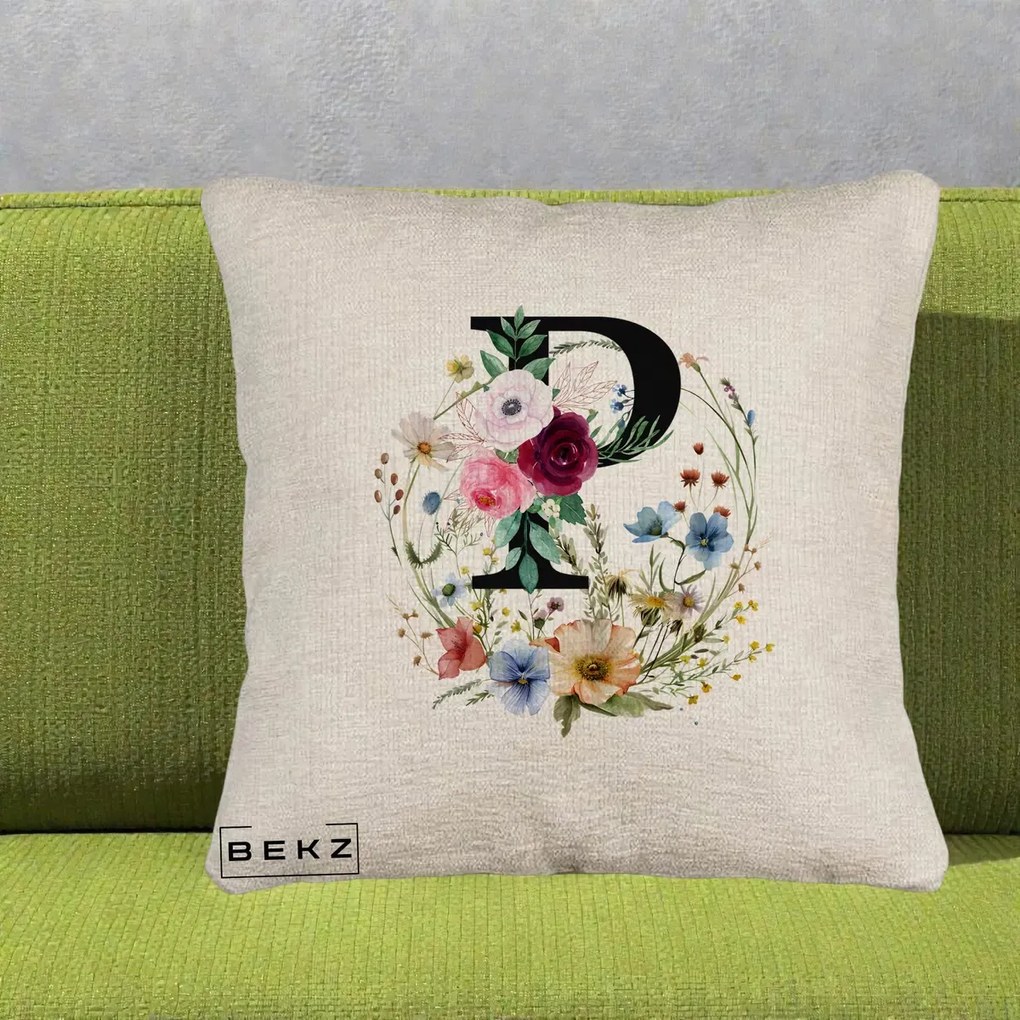 Cadou Personalizat - Perna Personalizata Monogram Litera P cu Flori Acuarela, 40x40 cm, Bej Canapea, Husa Detasabila, Perna Inclusa, BEKZ®
