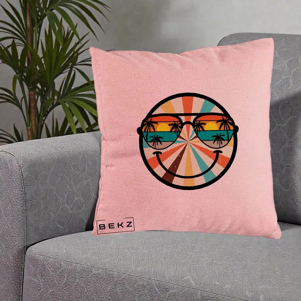 Perna Decorativa Smiley Face Retro Sunset Palmieri, 40x40 cm, Roz, Husa Detasabila, Perna Inclusa, BEKZ®