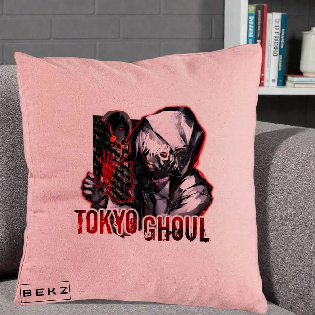 Perna Personalizata Tokyo Ghoul Ken Kaneki Anime, 40x40 cm, Roz, Husa Detasabila, Perna Inclusa, BEKZ®