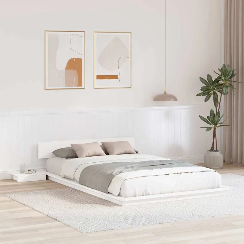 vidaXL Cadru de Pat la Sol cu Mese de Noapte Alb 135x190cm Lemn Masiv