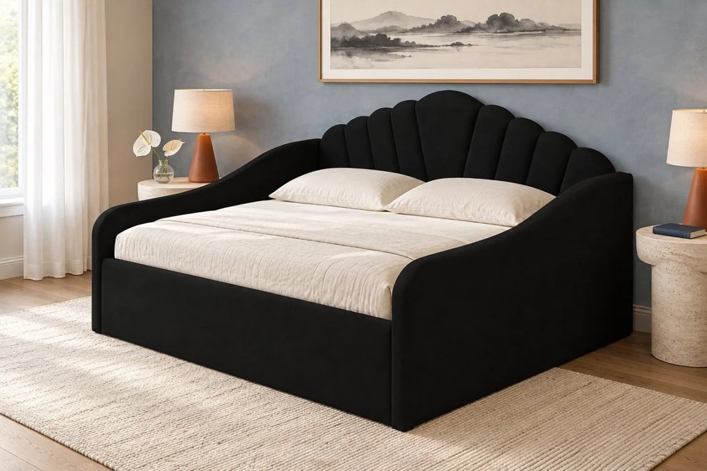 Pat tapițat pentru copii din catifea Noma 140×200 cm, negru, cu ladă de depozitare