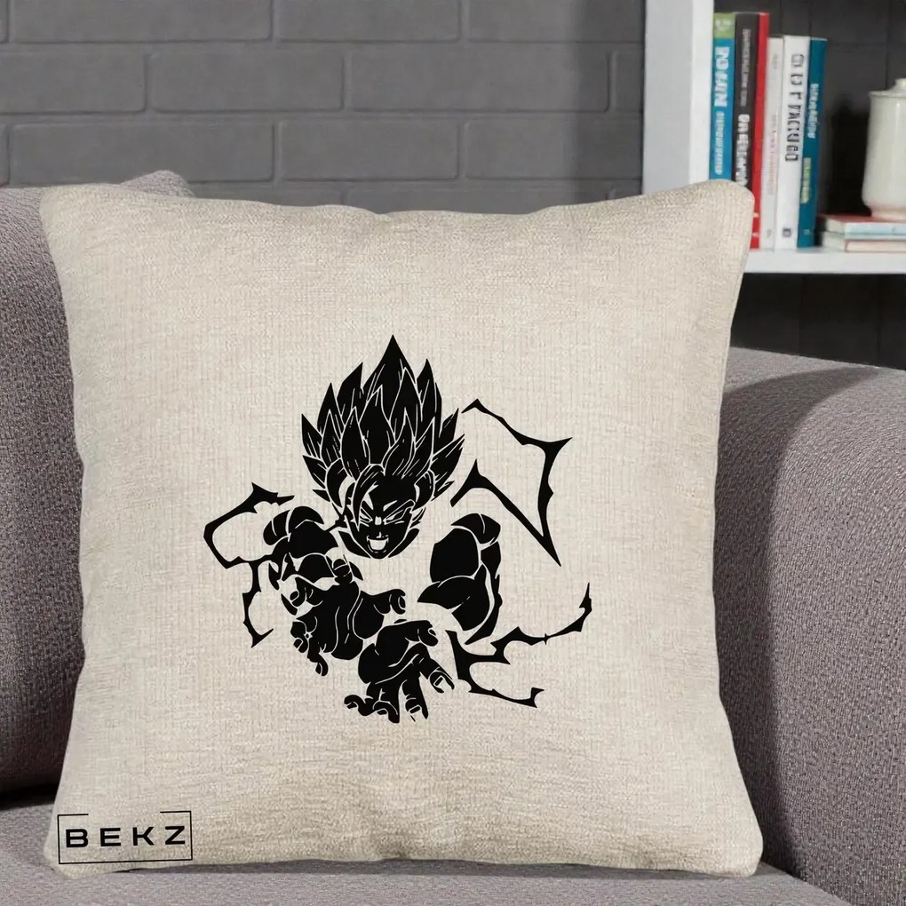 Perna Personalizata Dragon Ball Goku Super Saiyan Silueta, 40x40 cm, Bej Canapea, Husa Detasabila, Perna Inclusa, BEKZ®