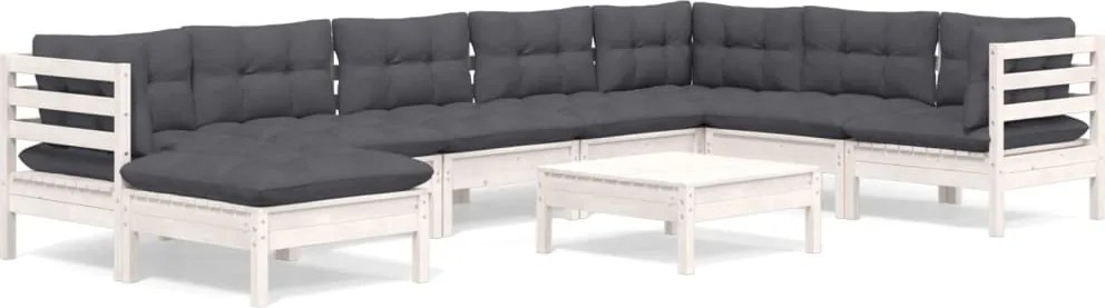 vidaXL Set mobilier de grădină cu perne, 9 piese, alb, lemn masiv pin