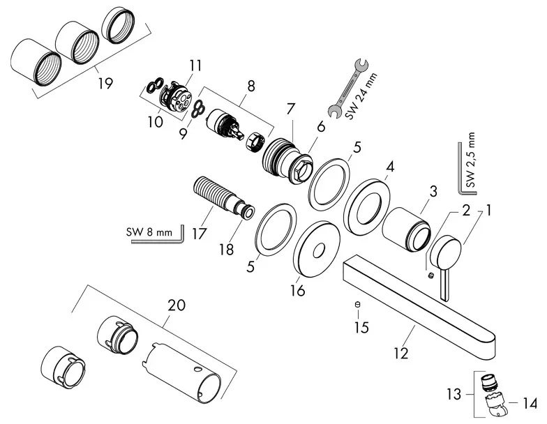 Baterie lavoar cu montaj pe perete, Hansgrohe, Finoris, cu pipa 22,8 cm, negru mat