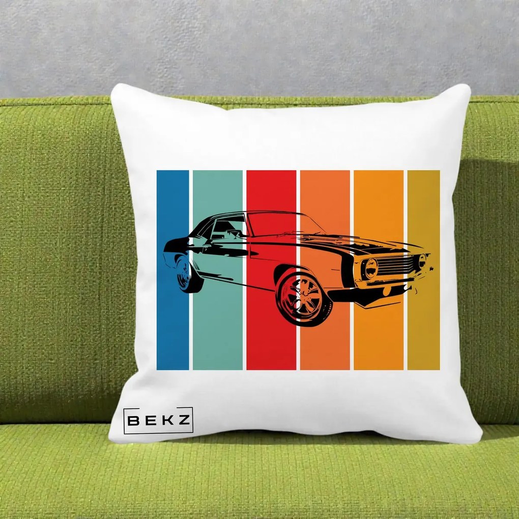 Perna Personalizata Masina Retro Muscle Car Grafic, 40x40 cm, Alba Mata, Husa Detasabila, Perna Inclusa, BEKZ®