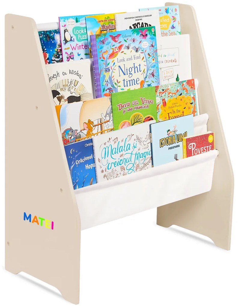 Raft de Carti pentru Copii Suporto, Organizator cu etajere din textil, pentru depozitare jucarii, carti si caiete. Mobilier din Lemn MDF, 71.5 x 62 x