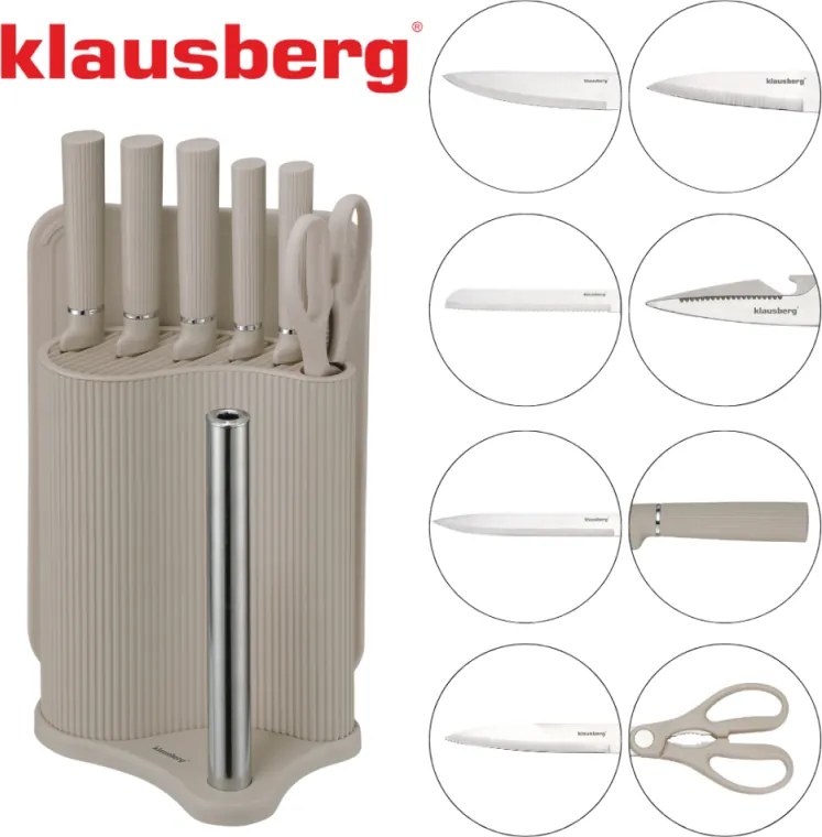 Set cuțite Klausberg KB 7978, 8 piese, Oțel inoxidabil, Suport, Suport hârtie de bucătărie, Bej