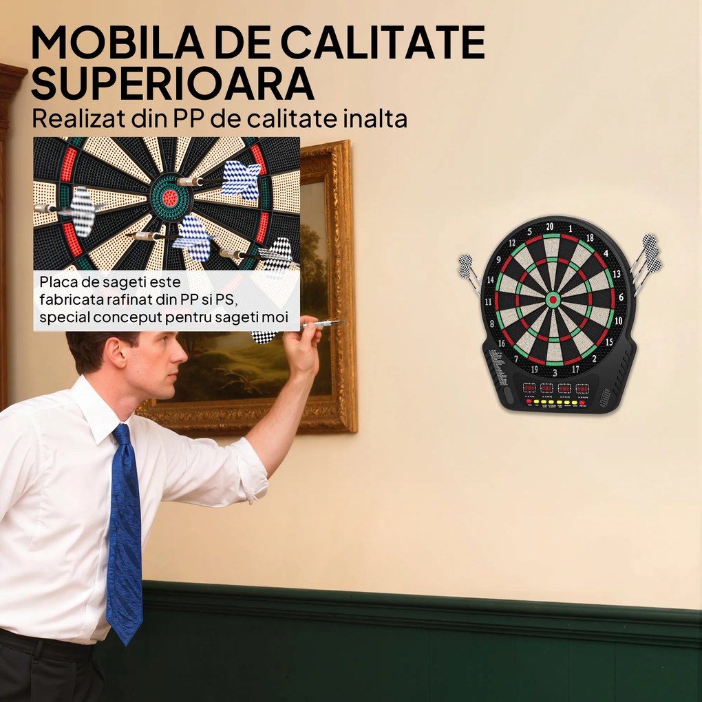 HOMCOM Țintă pentru Darts cu 6 Săgeți, Adaptor, 4 Afișaje LED și 27 de Jocuri, din ABS și PP, 44x51.5x3.2 cm, Negru | Aosom Romania