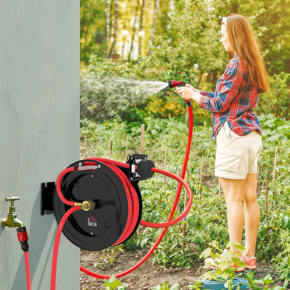HOMCOM Tambur de furtun de grădină montat pe perete, retragere automată, presiune apă 20 bar, furtun apă 15+1 m, metal | Aosom Romania