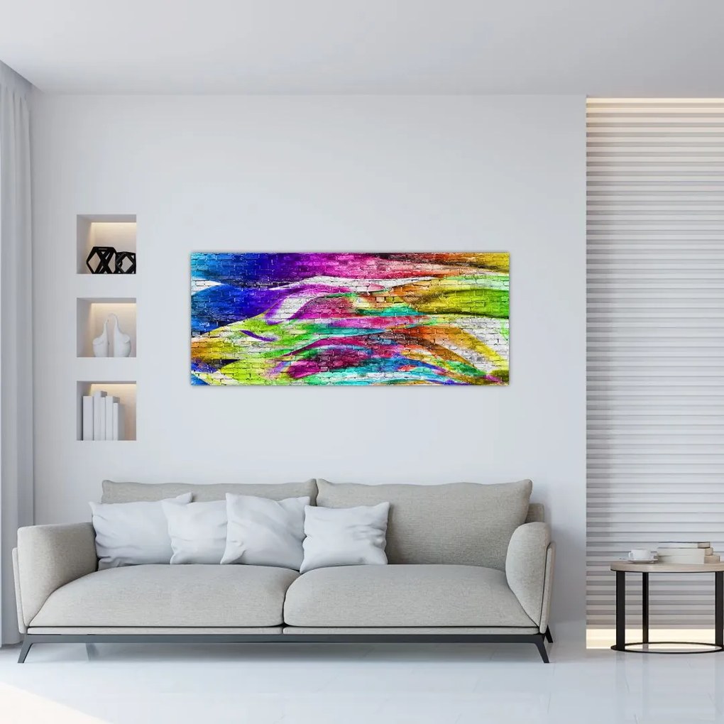 Tablou - Zid de cărămidă cu flăcări colorate (120x50 cm)