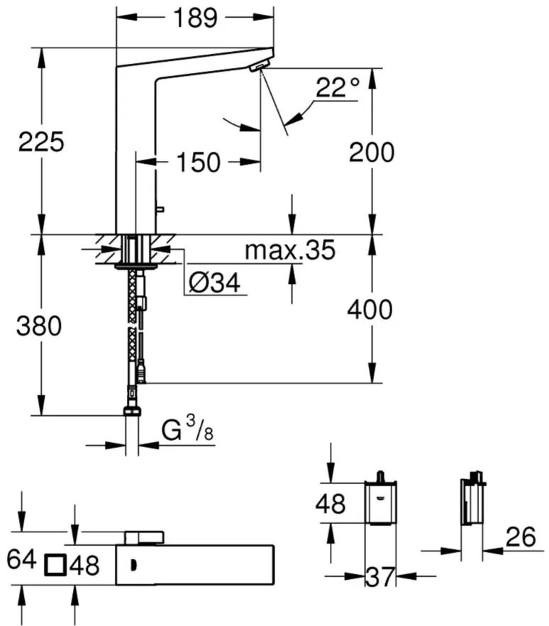 Grohe Eurocube E Baterie lavoar electronica cu infrarosu, baterie 6V, mixare apa