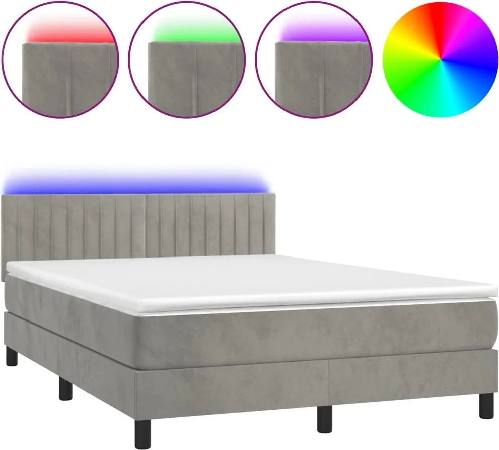 vidaXL Pat continental cu saltea și LED gri deschis 140x190 cm catifea
