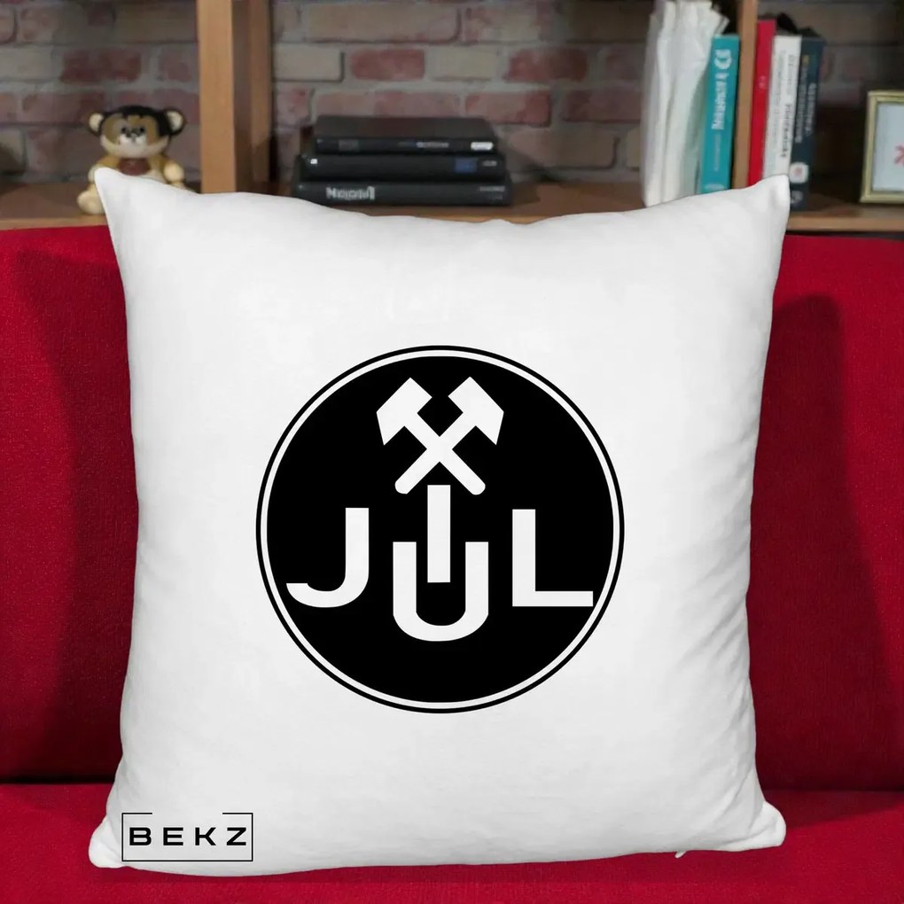 Perna Personalizata JUL Jiul Lupeni Fotbal, 40x40 cm, Alb Pufos, Husa Detasabila, Perna Inclusa, BEKZ®