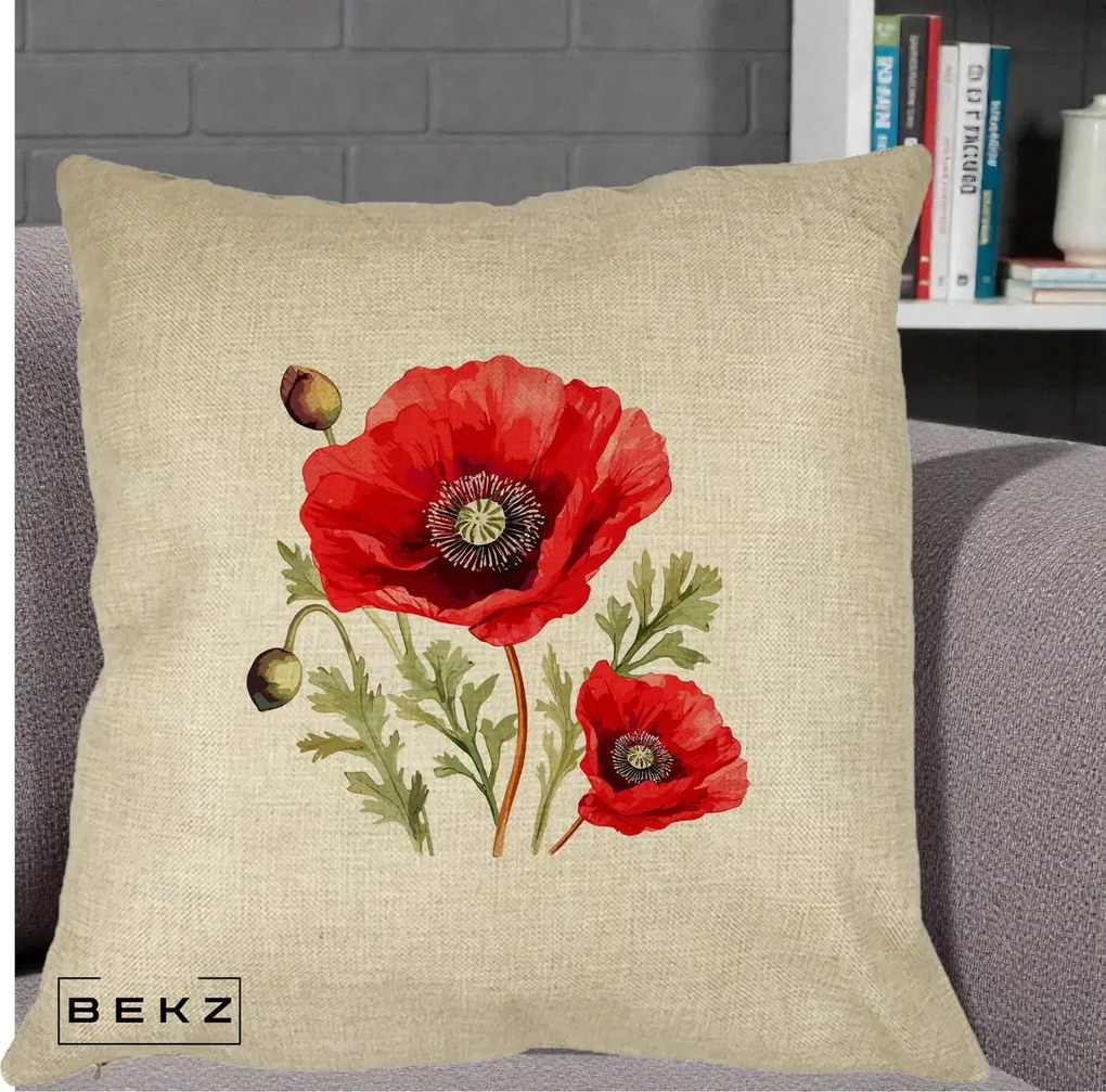 Perna Decorativa Maci Rosii Acuarela, 40x40 cm, Crem, Husa Detasabila, Perna Inclusa, BEKZ®