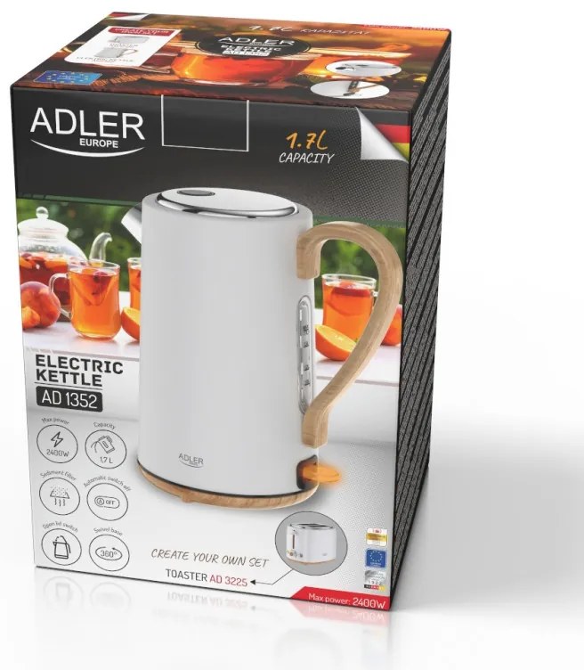 Fierbător electric Adler AD 1352, 2200W, 1,7 l, STRIX, bază rotativă, oprire automată, alb